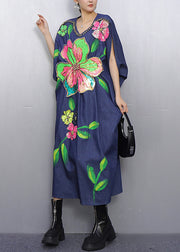 Style Blue Floral Nail Bead Denim Holiday Dress Summer