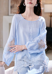 Style Blue O Neck Lace Patchwork Chiffon Blouse Top Summer