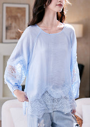 Style Blue O Neck Lace Patchwork Chiffon Blouse Top Summer