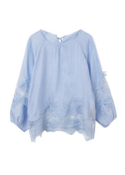 Style Blue O Neck Lace Patchwork Chiffon Blouse Top Summer