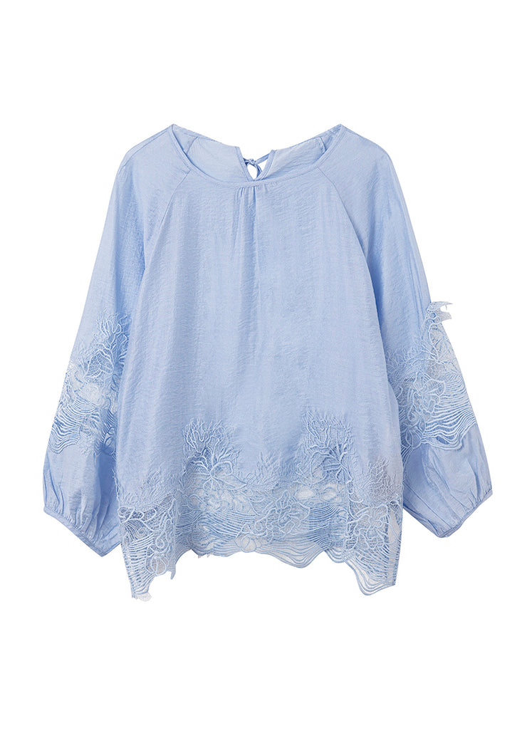Style Blue O Neck Lace Patchwork Chiffon Blouse Top Summer