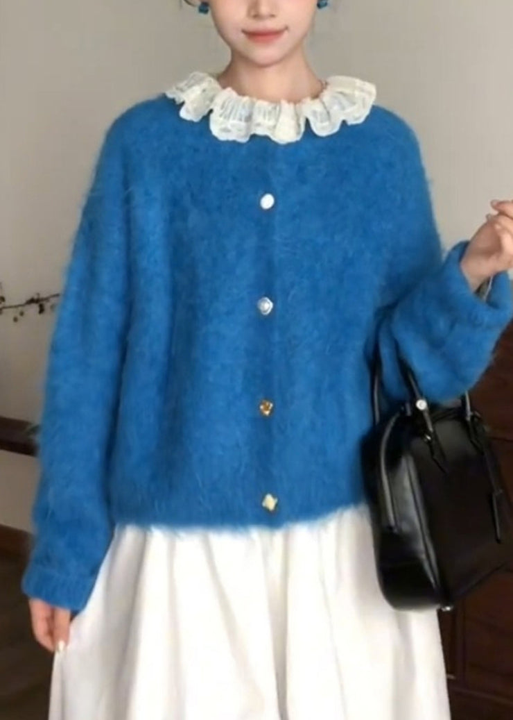 Style Blue O-Neck Patchwork Button Ma Hai Mao Cotton Knit Cardigans Fall