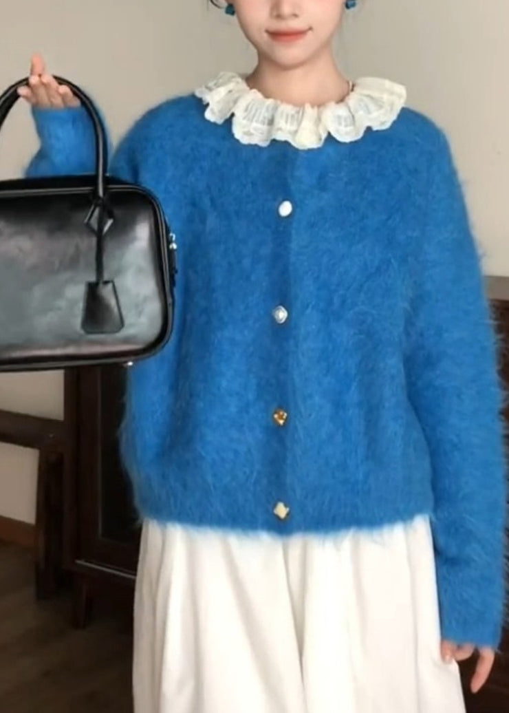 Style Blue O-Neck Patchwork Button Ma Hai Mao Cotton Knit Cardigans Fall