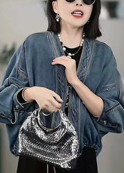 Style Blue Oversized Denim Cardigan Batwing Sleeve