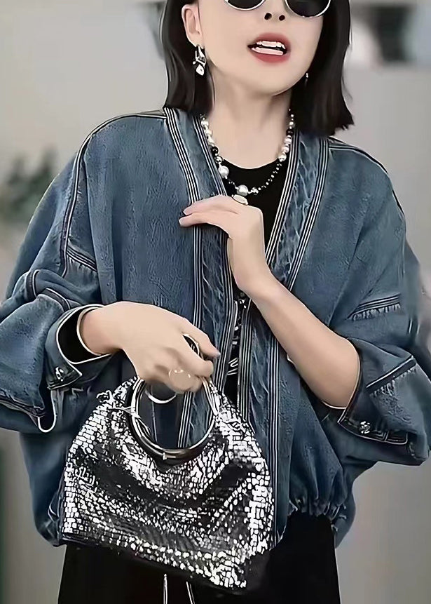 Style Blue Oversized Denim Cardigan Batwing Sleeve