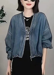 Style Blue Oversized Denim Cardigan Batwing Sleeve