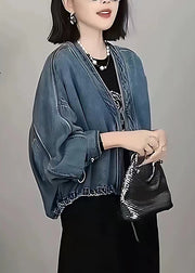 Style Blue Oversized Denim Cardigan Batwing Sleeve
