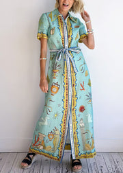 Style Blue Peter Pan Collar Print Lace Up Cotton Shirts Dress Summer