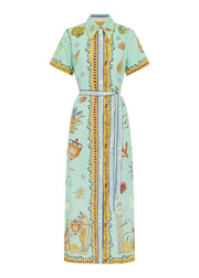 Style Blue Peter Pan Collar Print Lace Up Cotton Shirts Dress Summer