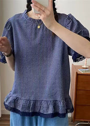Style Blue Plaid Patchwork Lace Top Summer