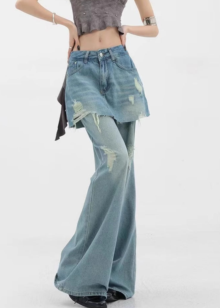Style Blue Ripped Patchwork Denim Straight Pants Skirts Fall