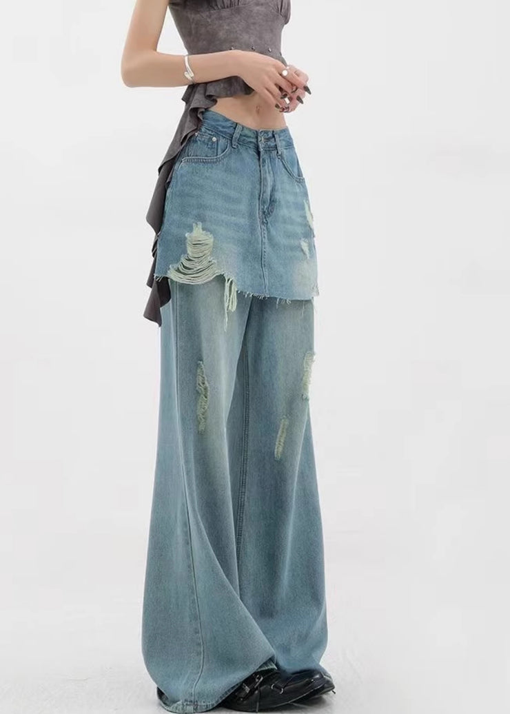 Style Blue Ripped Patchwork Denim Straight Pants Skirts Fall
