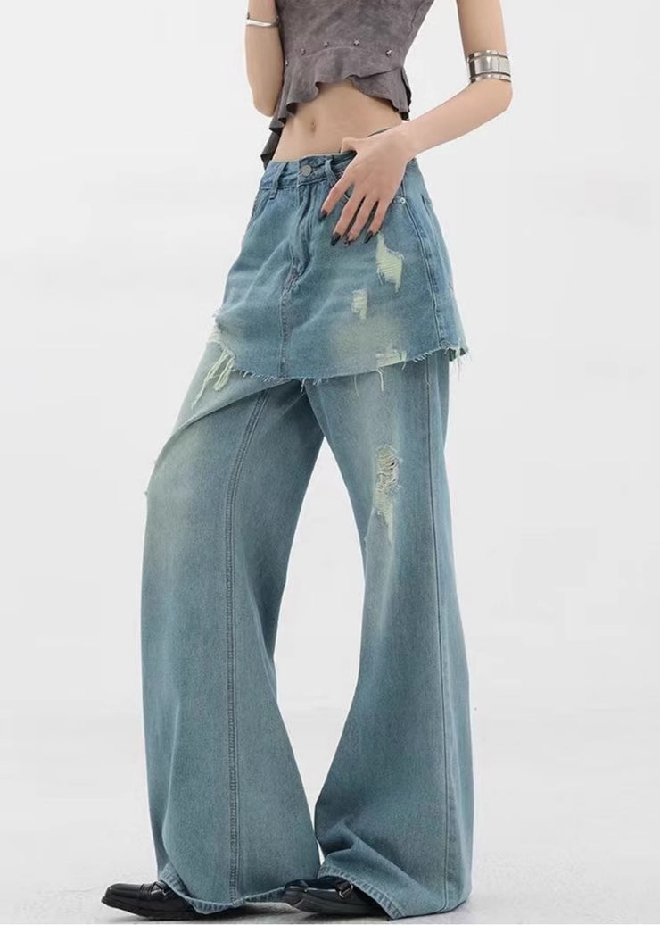 Style Blue Ripped Patchwork Denim Straight Pants Skirts Fall