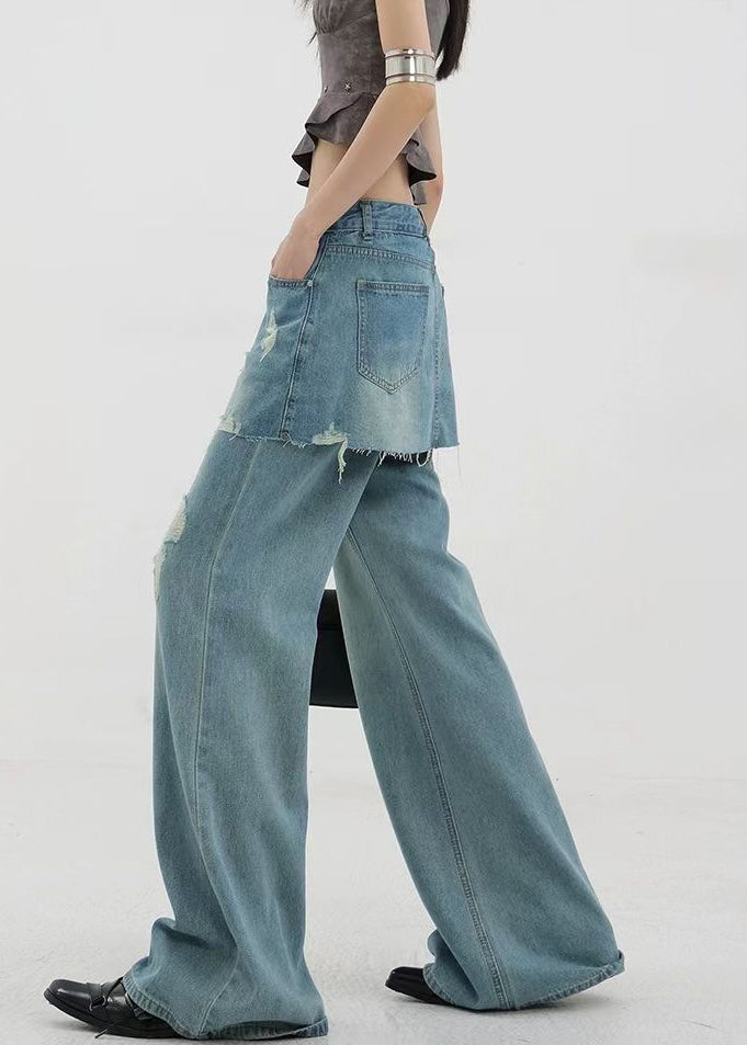 Style Blue Ripped Patchwork Denim Straight Pants Skirts Fall