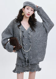 Style Blue Ruffled Nail Bead Hollow Out Knit Two Pieces Set Spring