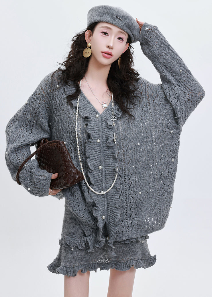 Style Blue Ruffled Nail Bead Hollow Out Knit Two Pieces Set Spring