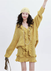 Style Blue Ruffled Nail Bead Hollow Out Knit Two Pieces Set Spring