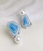 Style Blue Sterling Silver Pearl Drip Glaze Enamel Asymmetrical Stud Earrings