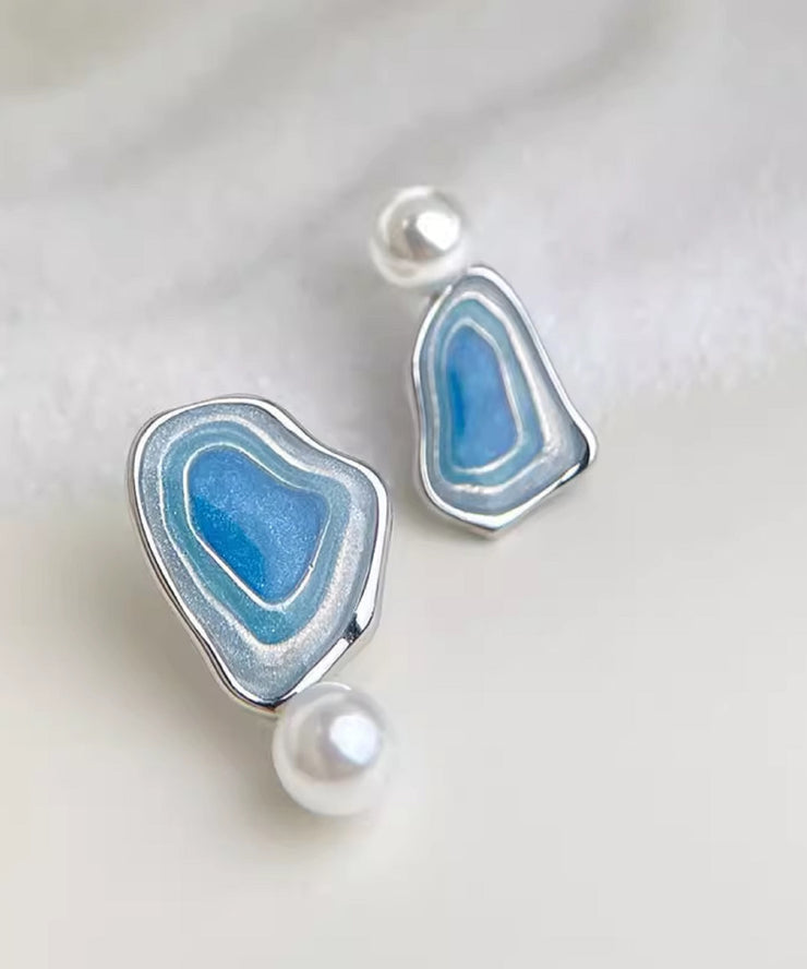 Style Blue Sterling Silver Pearl Drip Glaze Enamel Asymmetrical Stud Earrings