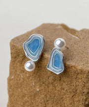 Style Blue Sterling Silver Pearl Drip Glaze Enamel Asymmetrical Stud Earrings