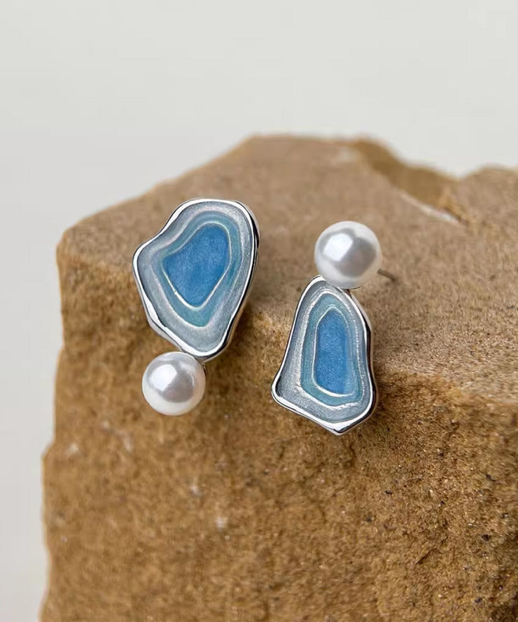 Style Blue Sterling Silver Pearl Drip Glaze Enamel Asymmetrical Stud Earrings
