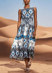 Style Blue Tie Waist Print Cotton Holiday Dress Sleeveless