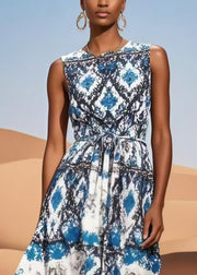Style Blue Tie Waist Print Cotton Holiday Dress Sleeveless