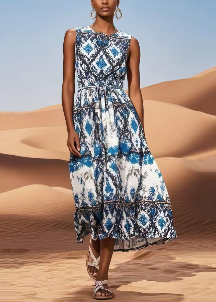 Style Blue Tie Waist Print Cotton Holiday Dress Sleeveless