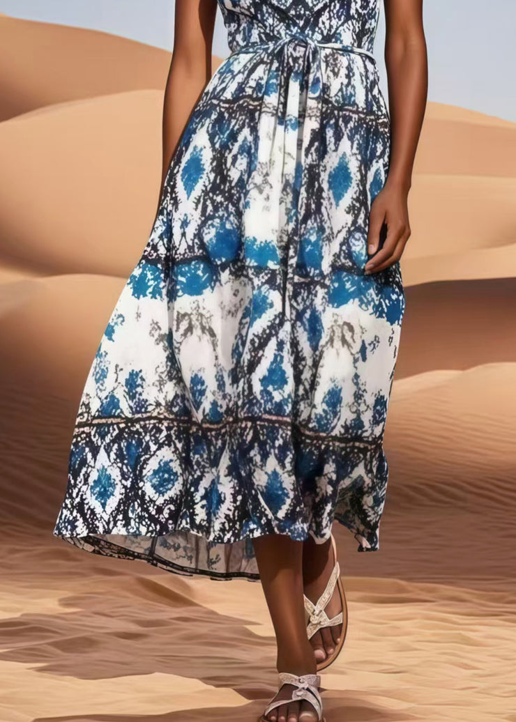 Style Blue Tie Waist Print Cotton Holiday Dress Sleeveless