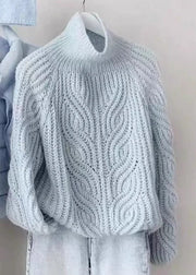 Style Blue Turtleneck Cozy Cotton Knit Cable Knit Sweaters Lantern Sleeve