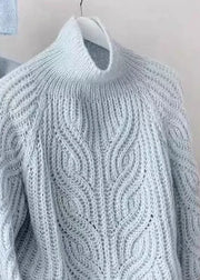 Style Blue Turtleneck Cozy Cotton Knit Cable Knit Sweaters Lantern Sleeve