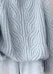 Style Blue Turtleneck Cozy Cotton Knit Cable Knit Sweaters Lantern Sleeve