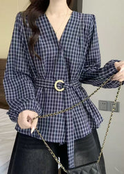 Style Blue V Neck Plaid Lace Up Cotton Shirts Fall