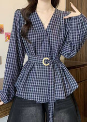 Style Blue V Neck Plaid Lace Up Cotton Shirts Fall