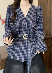 Style Blue V Neck Plaid Lace Up Cotton Shirts Fall