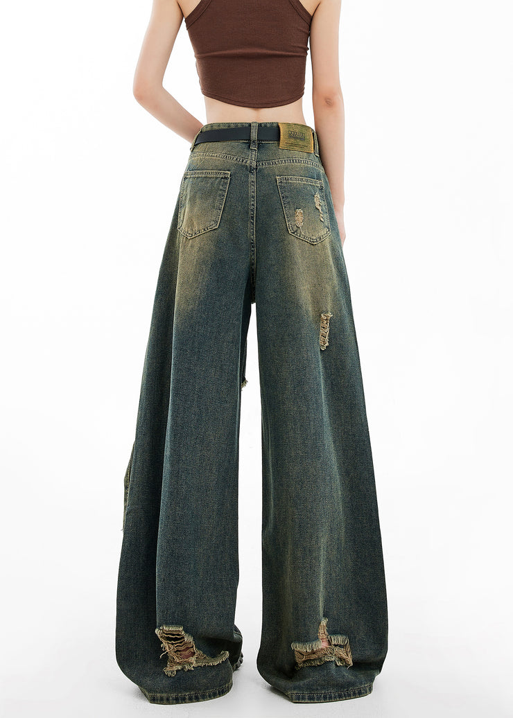 Style Blue Zip Up Pockets Ripped Denim Wide Leg Pants Spring