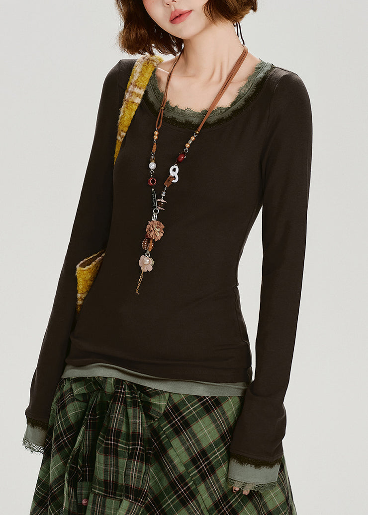 Style Brown O-Neck Patchwork Cotton Fake Two Piece Tops Spring