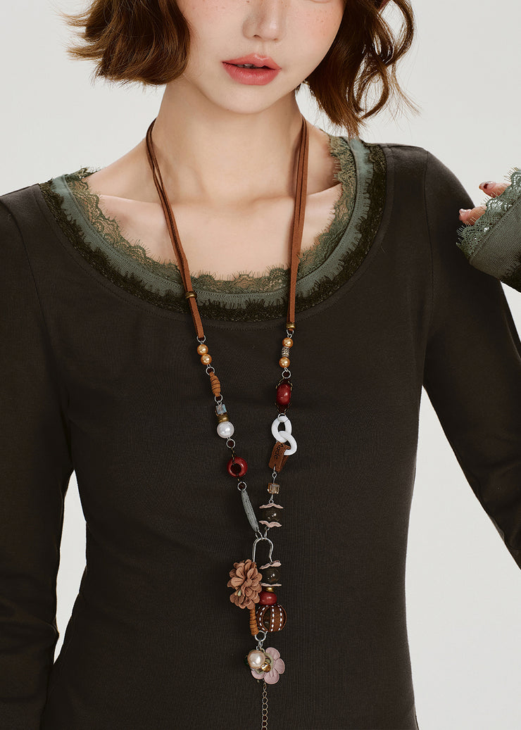 Style Brown O-Neck Patchwork Cotton Fake Two Piece Tops Spring