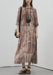 Style Brown O Neck Print Patchwork Silk Long Dress Summer