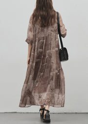 Style Brown O Neck Print Patchwork Silk Long Dress Summer