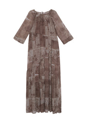Style Brown O Neck Print Patchwork Silk Long Dress Summer