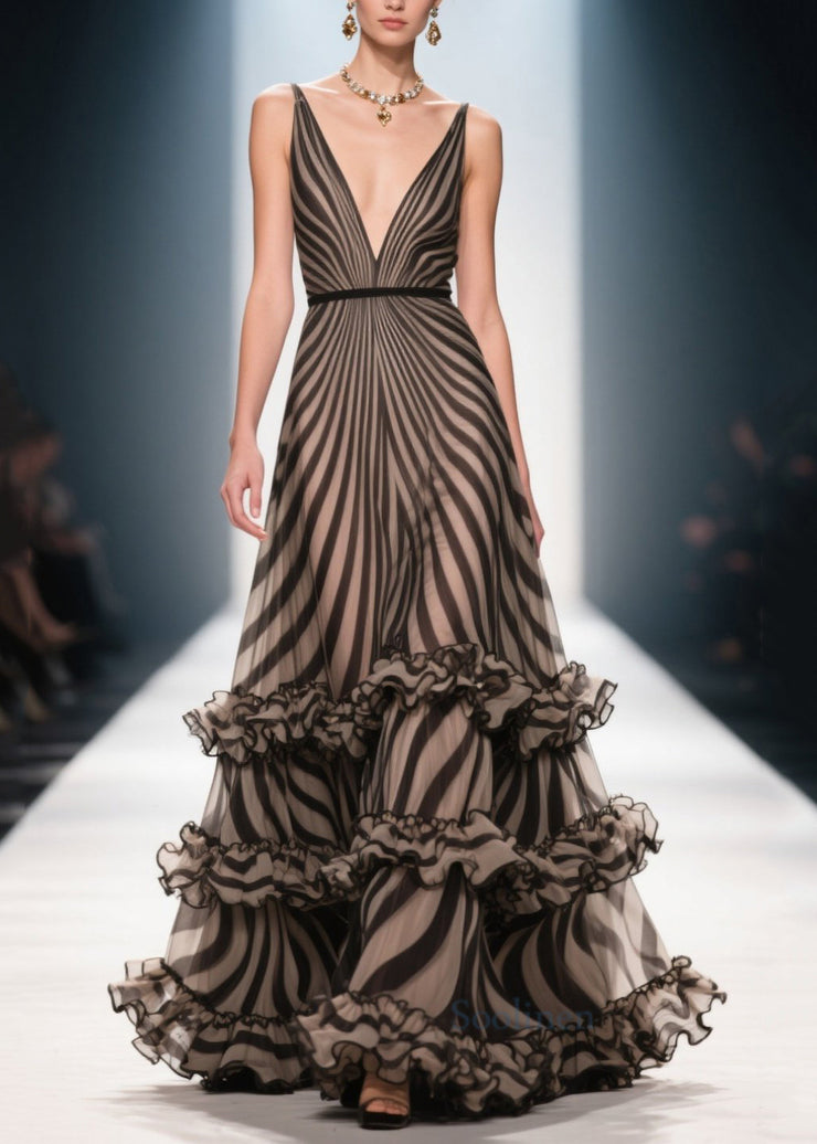 Style Brown Ruffled Striped Chiffon Evening Dress Summer
