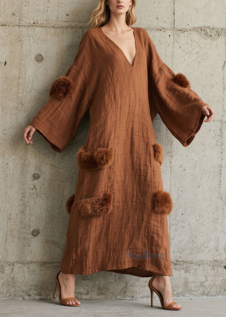 Style Brown V Neck Fuzzy Fur Patchwork Cotton Dress Fall