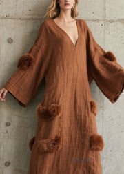 Style Brown V Neck Fuzzy Fur Patchwork Cotton Dress Fall