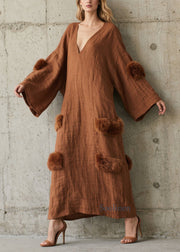 Style Brown V Neck Fuzzy Fur Patchwork Cotton Dress Fall
