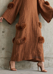 Style Brown V Neck Fuzzy Fur Patchwork Cotton Dress Fall