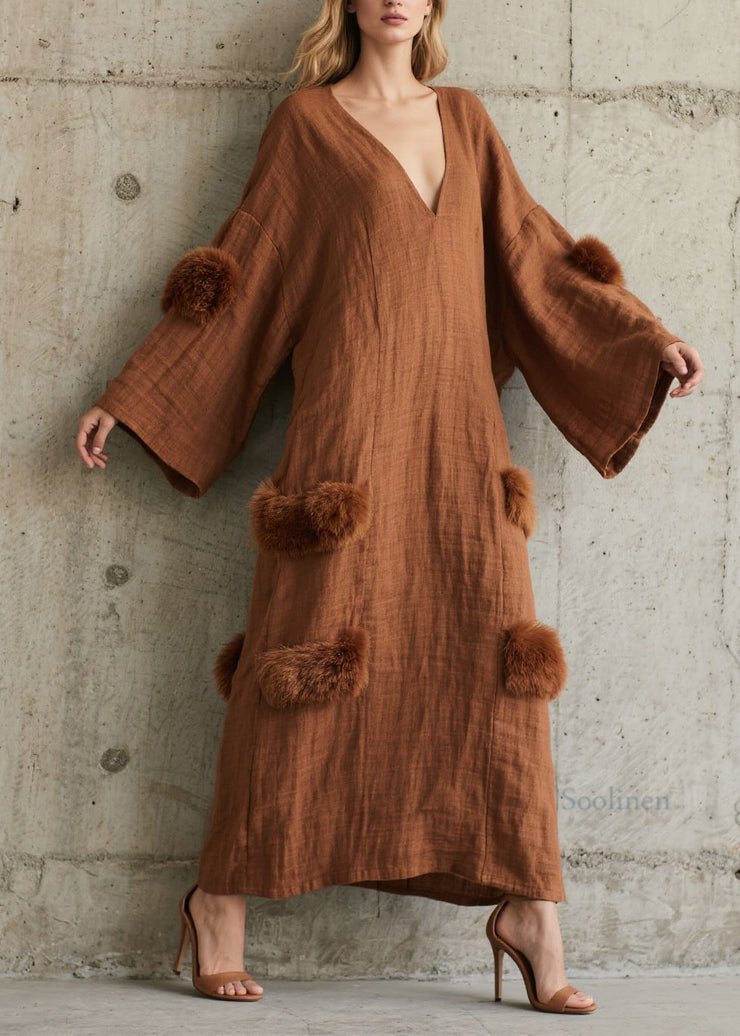 Style Brown V Neck Fuzzy Fur Patchwork Cotton Dress Fall