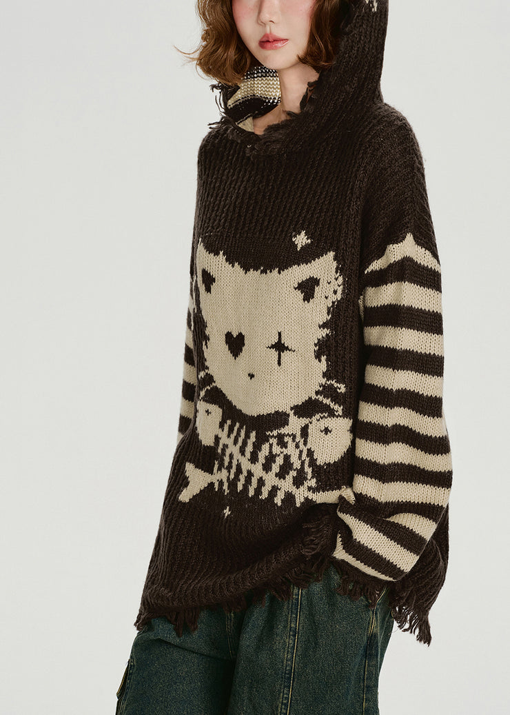 Style Choaolate Hooded Tasseled Knit Loose Sweater Winter