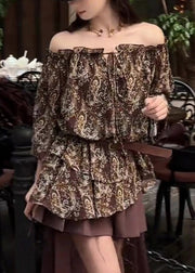 Style Chocolate Cold Shoulder Print Cotton Blouse Top Fall