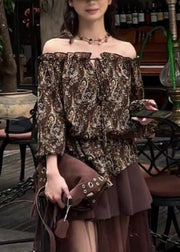Style Chocolate Cold Shoulder Print Cotton Blouse Top Fall